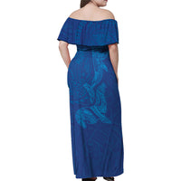 Hawaiian Monk Seal and Whale Family Matching Off Shoulder Maxi Dress and Hawaiian Shirt Kakau Tribal Pattern Blue Color