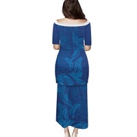 Hawaiian Monk Seal and Whale Family Matching Puletasi and Hawaiian Shirt Kakau Tribal Pattern Blue Color