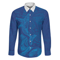 Hawaiian Monk Seal and Whale Family Matching Short Sleeve Bodycon Dress and Hawaiian Shirt Kakau Tribal Pattern Blue Color