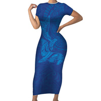 Hawaiian Monk Seal and Whale Family Matching Short Sleeve Bodycon Dress and Hawaiian Shirt Kakau Tribal Pattern Blue Color