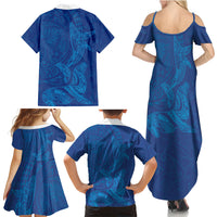 Hawaiian Monk Seal and Whale Family Matching Summer Maxi Dress and Hawaiian Shirt Kakau Tribal Pattern Blue Color