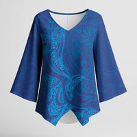 Hawaiian Monk Seal and Whale Kimono Sleeve Blouse Kakau Tribal Pattern Blue Color LT03 Female Blue - Polynesian Pride
