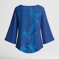 Hawaiian Monk Seal and Whale Kimono Sleeve Blouse Kakau Tribal Pattern Blue Color LT03 - Polynesian Pride