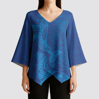 Hawaiian Monk Seal and Whale Kimono Sleeve Blouse Kakau Tribal Pattern Blue Color LT03 - Polynesian Pride