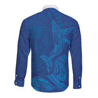 Hawaiian Monk Seal and Whale Long Sleeve Button Shirt Kakau Tribal Pattern Blue Color LT03 - Polynesian Pride