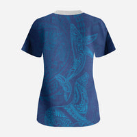Hawaiian Monk Seal and Whale Scrub Top Kakau Tribal Pattern Blue Color LT03 - Polynesian Pride