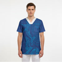 Hawaiian Monk Seal and Whale Scrub Top Kakau Tribal Pattern Blue Color LT03 - Polynesian Pride