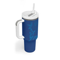 Hawaiian Monk Seal and Whale Tumbler With Handle Kakau Tribal Pattern Blue Color LT03 - Polynesian Pride