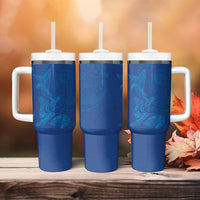Hawaiian Monk Seal and Whale Tumbler With Handle Kakau Tribal Pattern Blue Color LT03 - Polynesian Pride