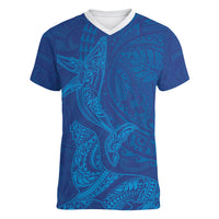 Hawaiian Monk Seal and Whale Women V-Neck T-Shirt Kakau Tribal Pattern Blue Color
