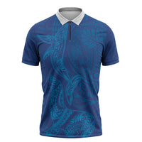 Hawaiian Monk Seal and Whale Zipper Polo Shirt Kakau Tribal Pattern Blue Color LT03 Blue - Polynesian Pride