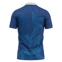 Hawaiian Monk Seal and Whale Zipper Polo Shirt Kakau Tribal Pattern Blue Color LT03 - Polynesian Pride