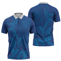 Hawaiian Monk Seal and Whale Zipper Polo Shirt Kakau Tribal Pattern Blue Color LT03 - Polynesian Pride