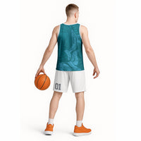 Hawaiian Monk Seal and Whale Basketball Jersey Kakau Tribal Pattern Teal Color LT03 - Polynesian Pride