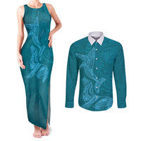 Hawaiian Monk Seal and Whale Couples Matching Tank Maxi Dress and Long Sleeve Button Shirt Kakau Tribal Pattern Teal Color
