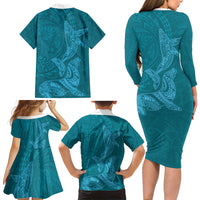 Hawaiian Monk Seal and Whale Family Matching Long Sleeve Bodycon Dress and Hawaiian Shirt Kakau Tribal Pattern Teal Color