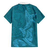 Hawaiian Monk Seal and Whale Family Matching Long Sleeve Bodycon Dress and Hawaiian Shirt Kakau Tribal Pattern Teal Color
