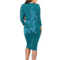 Hawaiian Monk Seal and Whale Family Matching Long Sleeve Bodycon Dress and Hawaiian Shirt Kakau Tribal Pattern Teal Color