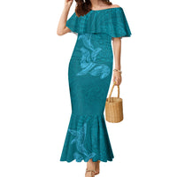 Hawaiian Monk Seal and Whale Family Matching Mermaid Dress and Hawaiian Shirt Kakau Tribal Pattern Teal Color