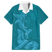Hawaiian Monk Seal and Whale Family Matching Off The Shoulder Long Sleeve Dress and Hawaiian Shirt Kakau Tribal Pattern Teal Color