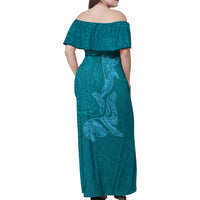 Hawaiian Monk Seal and Whale Family Matching Off Shoulder Maxi Dress and Hawaiian Shirt Kakau Tribal Pattern Teal Color
