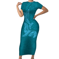 Hawaiian Monk Seal and Whale Family Matching Short Sleeve Bodycon Dress and Hawaiian Shirt Kakau Tribal Pattern Teal Color