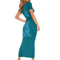 Hawaiian Monk Seal and Whale Family Matching Short Sleeve Bodycon Dress and Hawaiian Shirt Kakau Tribal Pattern Teal Color