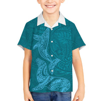 Hawaiian Monk Seal and Whale Family Matching Short Sleeve Bodycon Dress and Hawaiian Shirt Kakau Tribal Pattern Teal Color