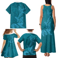Hawaiian Monk Seal and Whale Family Matching Tank Maxi Dress and Hawaiian Shirt Kakau Tribal Pattern Teal Color