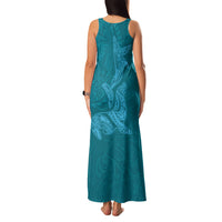 Hawaiian Monk Seal and Whale Family Matching Tank Maxi Dress and Hawaiian Shirt Kakau Tribal Pattern Teal Color