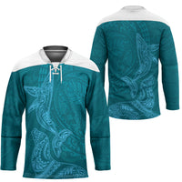 Hawaiian Monk Seal and Whale Hockey Jersey Kakau Tribal Pattern Teal Color LT03 - Polynesian Pride