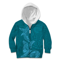Hawaiian Monk Seal and Whale Kid Hoodie Kakau Tribal Pattern Teal Color LT03 Zip Hoodie Teal - Polynesian Pride