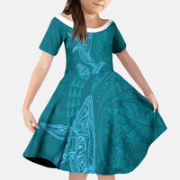 Hawaiian Monk Seal and Whale Kid Short Sleeve Dress Kakau Tribal Pattern Teal Color
