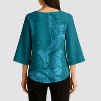 Hawaiian Monk Seal and Whale Kimono Sleeve Blouse Kakau Tribal Pattern Teal Color LT03 - Polynesian Pride