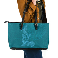 Hawaiian Monk Seal and Whale Leather Tote Bag Kakau Tribal Pattern Teal Color LT03 - Polynesian Pride