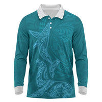 Hawaiian Monk Seal and Whale Long Sleeve Polo Shirt Kakau Tribal Pattern Teal Color LT03 Teal - Polynesian Pride