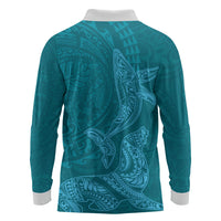 Hawaiian Monk Seal and Whale Long Sleeve Polo Shirt Kakau Tribal Pattern Teal Color LT03 - Polynesian Pride