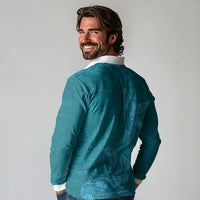 Hawaiian Monk Seal and Whale Long Sleeve Polo Shirt Kakau Tribal Pattern Teal Color LT03 - Polynesian Pride