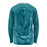 Hawaiian Monk Seal and Whale Long Sleeve Shirt Kakau Tribal Pattern Teal Color LT03 - Polynesian Pride