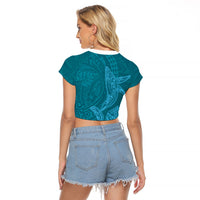 Hawaiian Monk Seal and Whale Raglan Cropped T Shirt Kakau Tribal Pattern Teal Color LT03 - Polynesian Pride