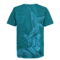 Hawaiian Monk Seal and Whale Rugby Jersey Kakau Tribal Pattern Teal Color LT03 - Polynesian Pride