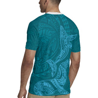 Hawaiian Monk Seal and Whale Rugby Jersey Kakau Tribal Pattern Teal Color LT03 - Polynesian Pride