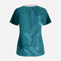 Hawaiian Monk Seal and Whale Scrub Top Kakau Tribal Pattern Teal Color LT03 - Polynesian Pride