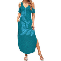 Hawaiian Monk Seal and Whale Summer Maxi Dress Kakau Tribal Pattern Teal Color LT03 Women Teal - Polynesian Pride