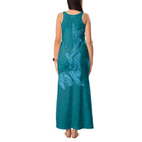 Hawaiian Monk Seal and Whale Tank Maxi Dress Kakau Tribal Pattern Teal Color LT03 - Polynesian Pride