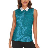 Hawaiian Monk Seal and Whale Women Sleeveless Polo Shirt Kakau Tribal Pattern Teal Color