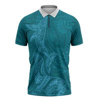 Hawaiian Monk Seal and Whale Zipper Polo Shirt Kakau Tribal Pattern Teal Color LT03 Teal - Polynesian Pride