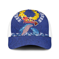 Hawaiian Sea Animals Baseball Net Cap Whales Shark and Turtle Guardians with Tribal Pattern LT03 One Size White Blue - Polynesian Pride