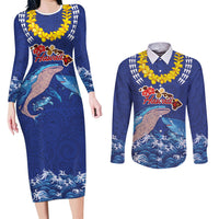 Hawaiian Sea Animals Couples Matching Long Sleeve Bodycon Dress and Long Sleeve Button Shirt Whales Shark and Turtle Guardians with Tribal Pattern
