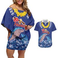 Hawaiian Sea Animals Couples Matching Off Shoulder Short Dress and Hawaiian Shirt Whales Shark and Turtle Guardians with Tribal Pattern